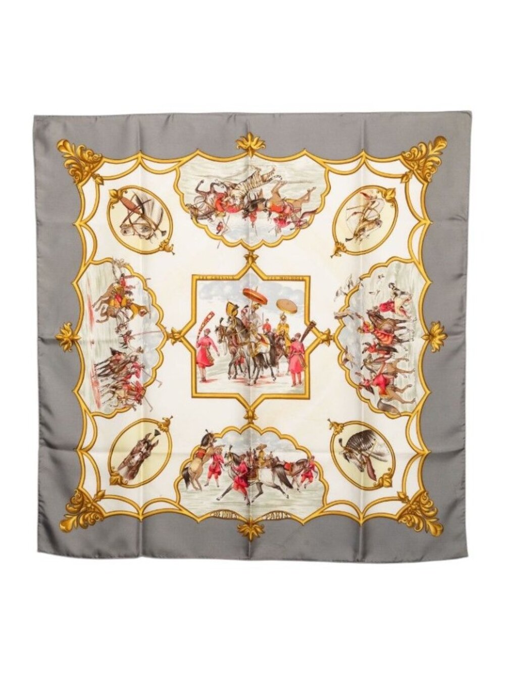 Hermes Carre 90 les Chevaux Des Mogols Mughal Dynasty Horses Scarf Gray